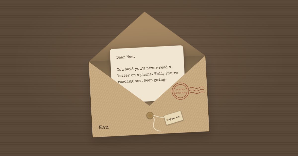 A brown paper envelope tied with string, open, with a letter to Nan beginning “You said you’d never read a letter on a phone”