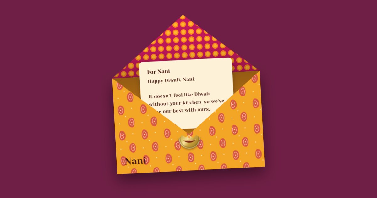 A marigold-orange envelope with a diya seal, open, with a letter beginning “Happy Diwali, Nani”