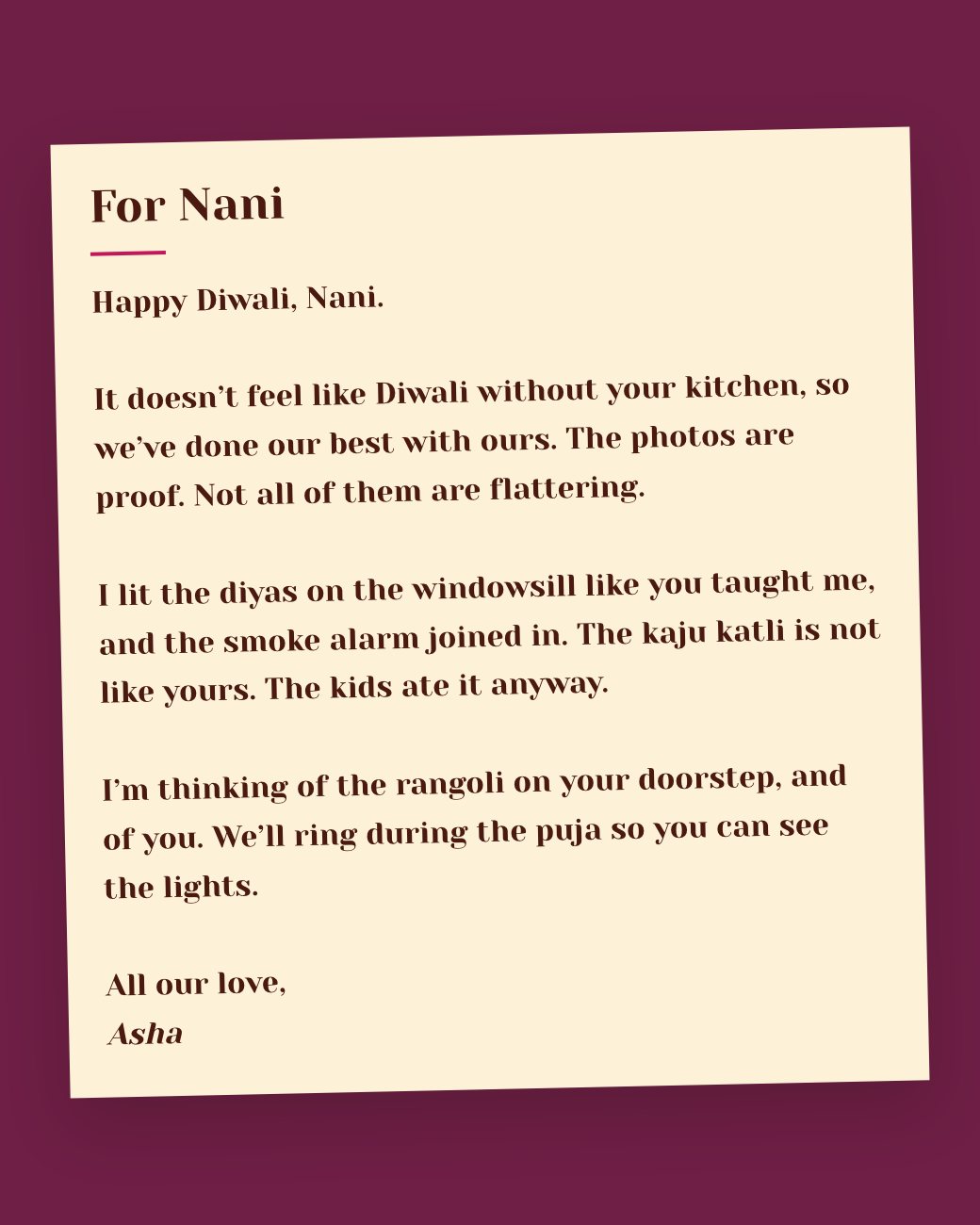 A Diwali letter to Nani on cream paper about the diyas, the smoke alarm and the kaju katli, from Asha