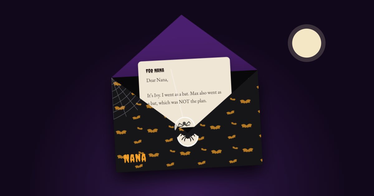 A black envelope with orange bats, open, with a letter to Nana beginning “It’s Ivy. I went as a bat”