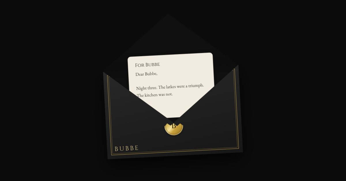 A black and gold envelope, open, with a letter to Bubbe beginning “Night three”