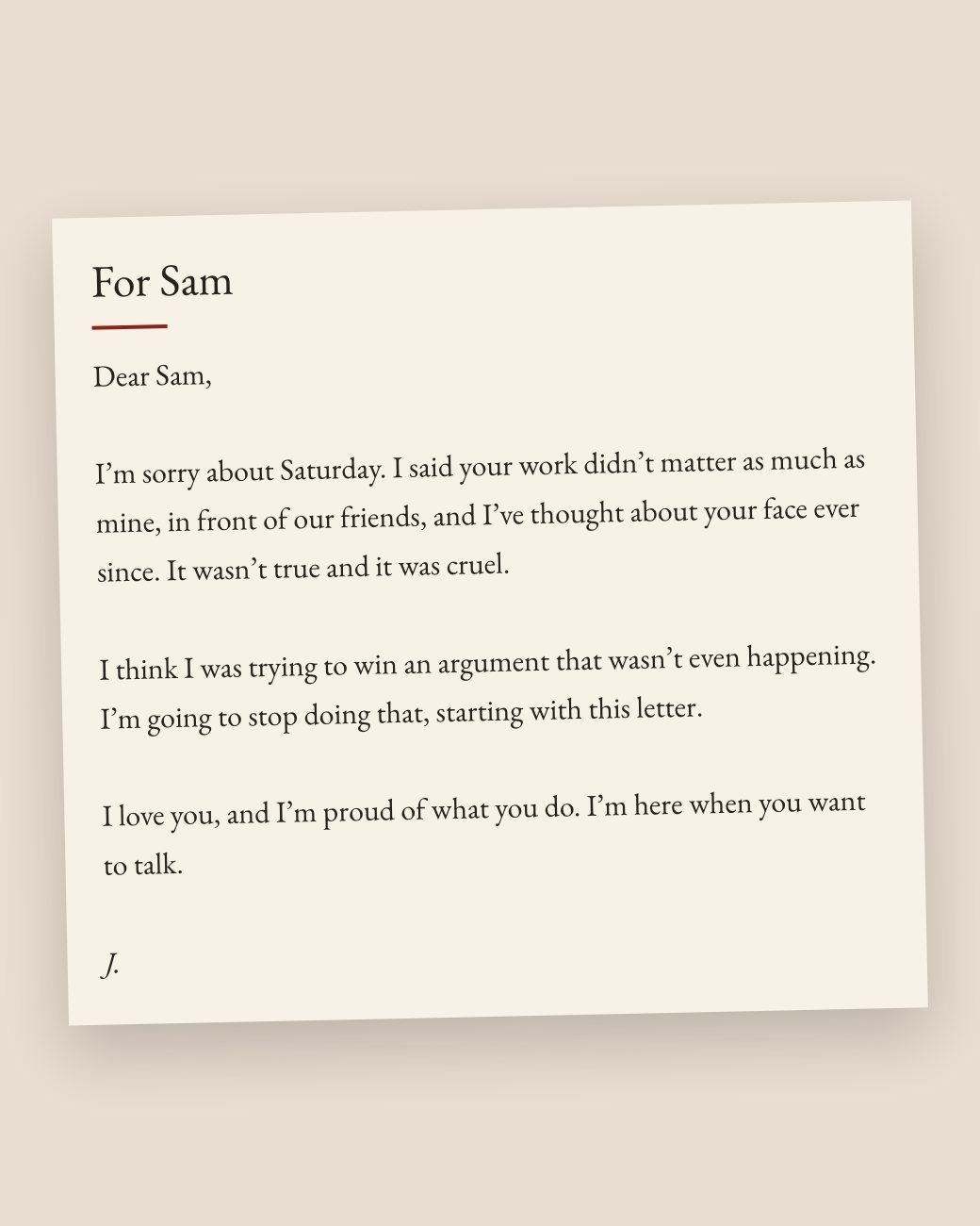 The apology letter to Sam above, on cream paper, signed J.