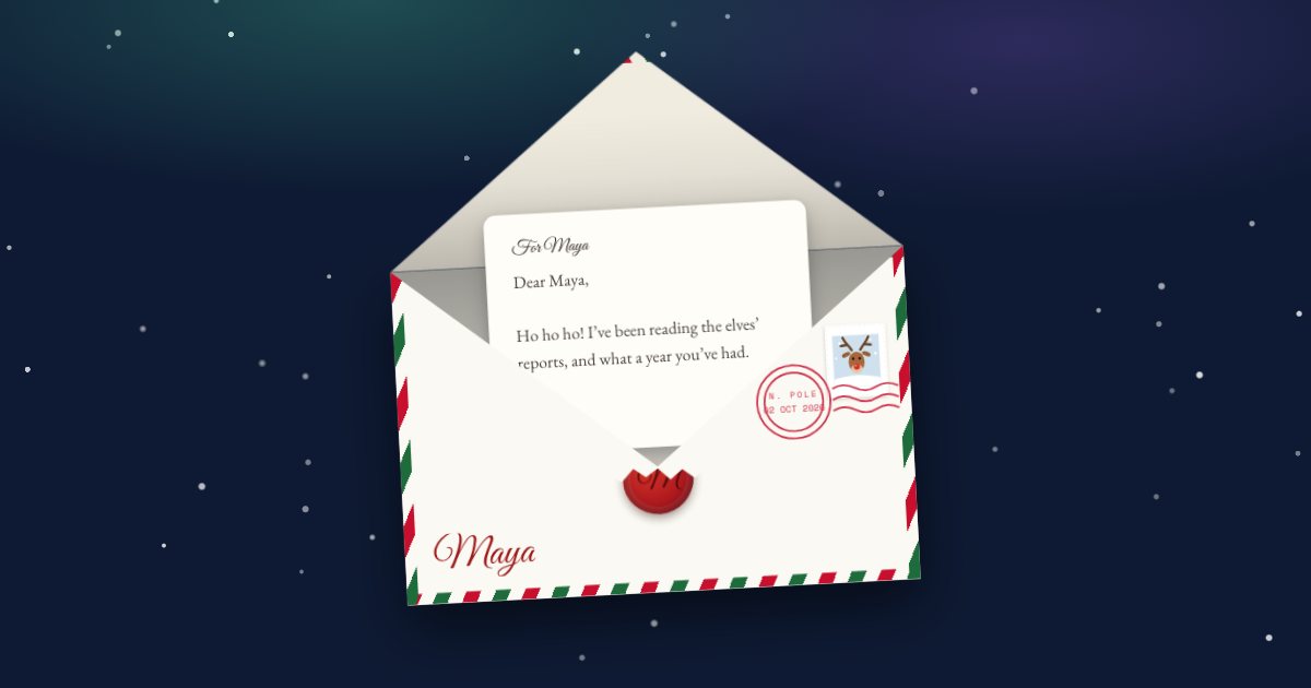 A red-and-green striped North Pole envelope, open, with a letter to Maya beginning “Ho ho ho!”