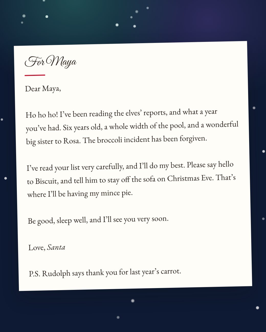 The letter to Maya above, on white paper headed “For Maya” in a looping script, signed Santa, with a P.S. from Rudolph