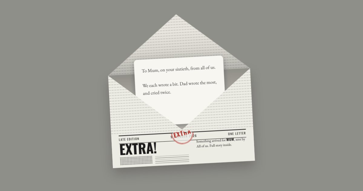 A newspaper-print envelope headlined “Extra!”, open, with a letter beginning “To Mum, on your sixtieth, from all of us”