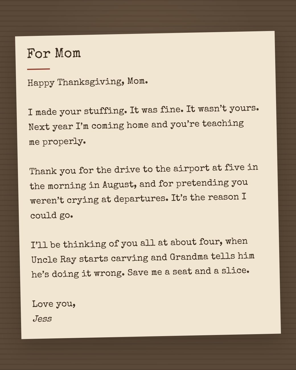 A Thanksgiving letter to Mom on brown-paper stationery, from Jess: the stuffing, a drive to the airport, and Uncle Ray carving