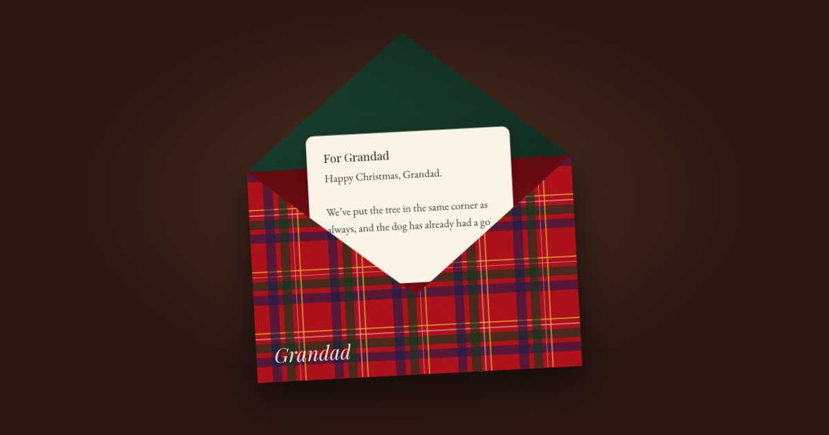 A red tartan envelope, open, with a letter beginning “Happy Christmas, Grandad”