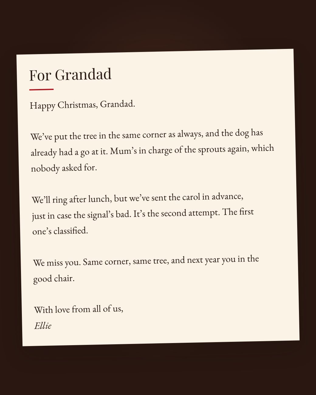 A Christmas letter to Grandad on cream paper about the tree, the dog, the sprouts and the carol, from Ellie