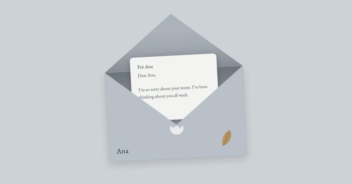 A slate-grey envelope, open, with a letter to Ana beginning “I’m so sorry about your mum”
