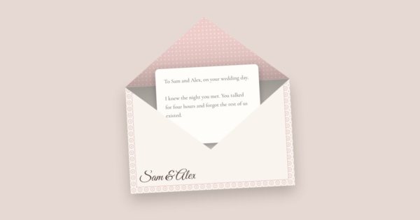 A white envelope with a pink polka-dot lining, open, with a letter beginning “To Sam and Alex, on your wedding day”