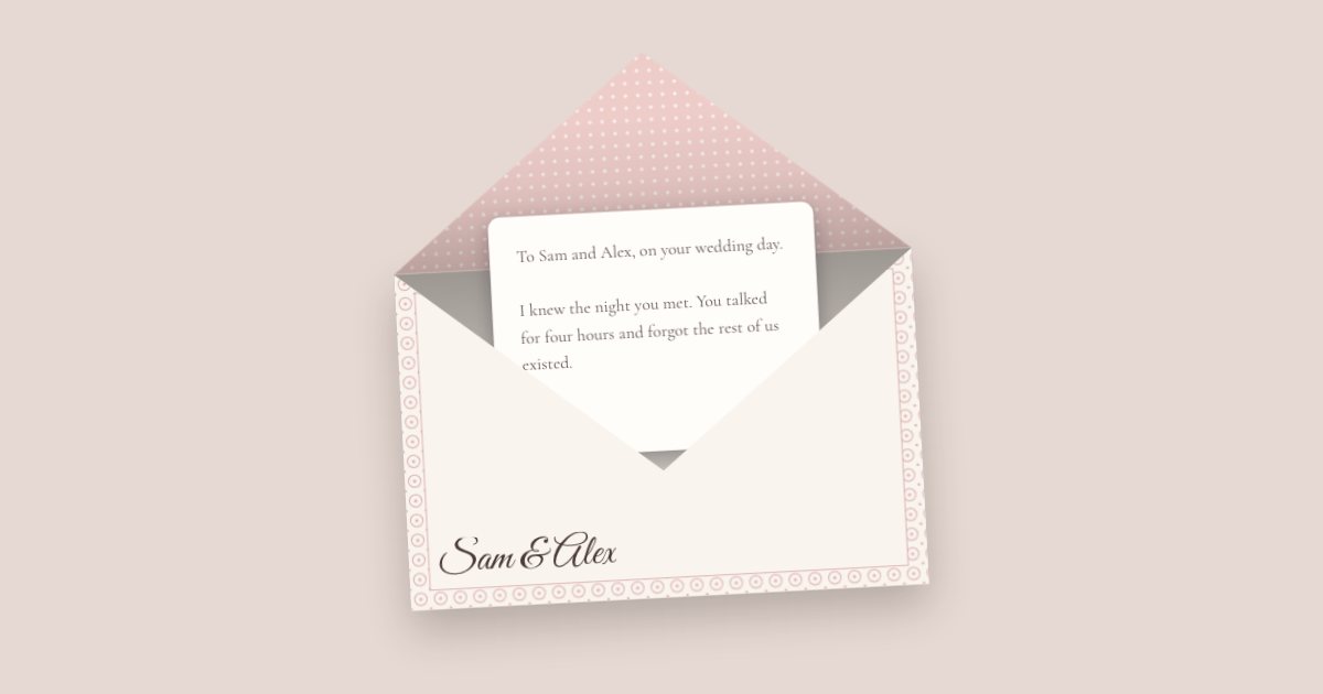 A white envelope with a pink polka-dot lining, open, with a letter beginning “To Sam and Alex, on your wedding day”