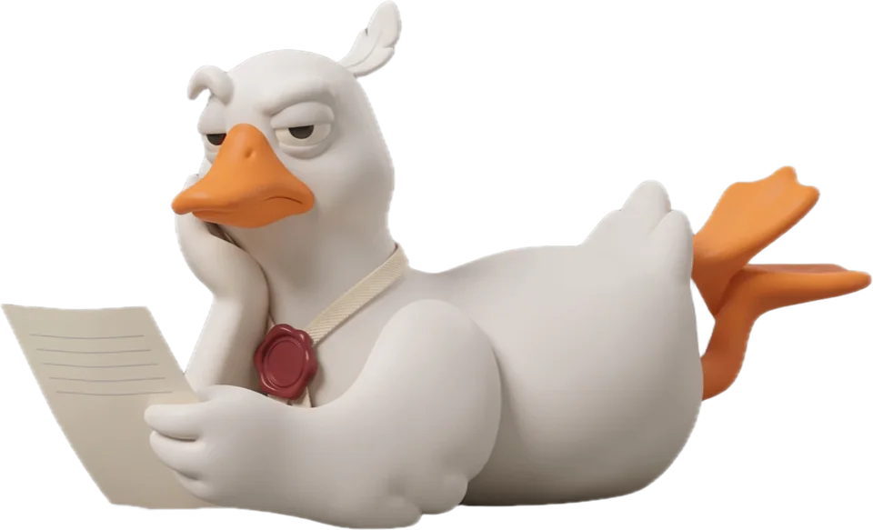 Gus the goose, lying down reading a letter