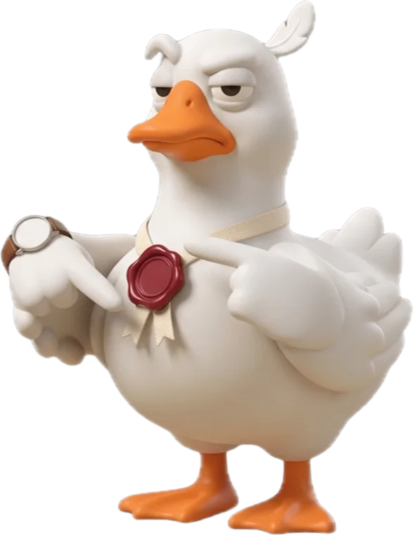 Gus the goose, tapping his watch